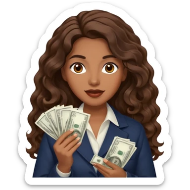 She has long, brown hair styled in soft wavy curls with a middle part. She has well-shaped eyebrows and dark brown eyes. She is wearing light makeup that highlights her natural beauty and is offering a slight smile to the camera. She is surprise when it comes to money sticker