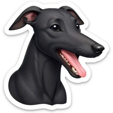 Cinematic Cute Yawning Black Greyhound Portrait Emoji, Head tilted slightly with a dramatic, wide-open yawn, showcasing a sleek black Fur with a polished finish, floppy ears slightly drooping, round dark eyes barely open in drowsy contentment, Simplified yet irresistibly adorable features, highly detailed, glowing with a soft, cozy glow, high shine, relaxed yet expressive, stylized with a touch of whimsy, bright and endearing, soft glowing outline, capturing the essence of a sleepy yet affectionate racer, so drowsy it feels like it could stretch out of the screen and curl up for a nap! sticker