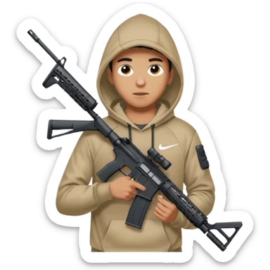
Fais moi un jeune taliban qui ressemble qui tient une AR15 avec un hoodie a capuche, capuché, avec la cagoule nike therma fit hood sticker