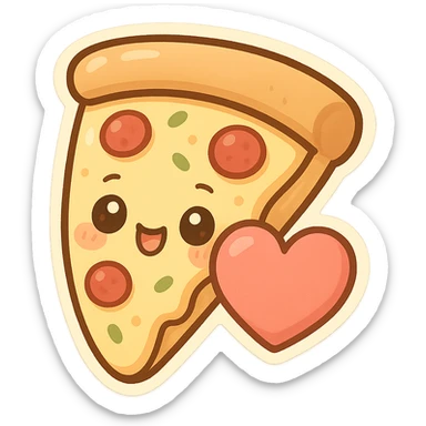 chibi sticker-style slice of pizza with a big heart, cute and exaggerated sticker