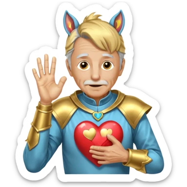 An elderly man with golden skin, his body shining like polished metal, wearing a horse cosplay costume with horse ears and a tail. He is making a heart shape with his hands and blushing slightly, showing a shy and embarrassed expression. sticker
