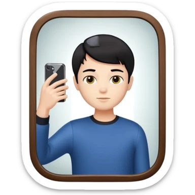 generate a pretty bratz fair skinned boy with short black hair taking a mirror selfie sticker