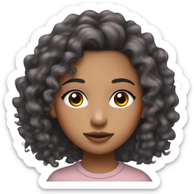 mixed girl with thin chest black long wavy curly hair and brown eyes and has long lashes on and noticeable blush and her lips are pink NOT BROWN and shes wearing a tight grey long sleeve top sticker
