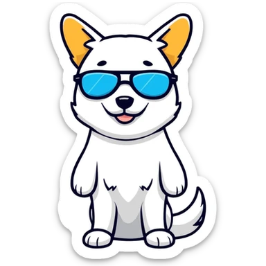 A dog wearing a full body latex suit with sunglasses sticker