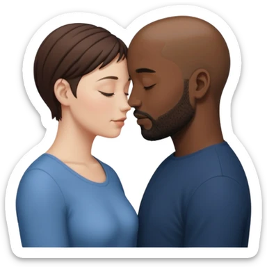 a white woman with short brown hair and a black man with no hair and a beard are facing one each other and their forehead are touching. They close their eyes and their are in love sticker