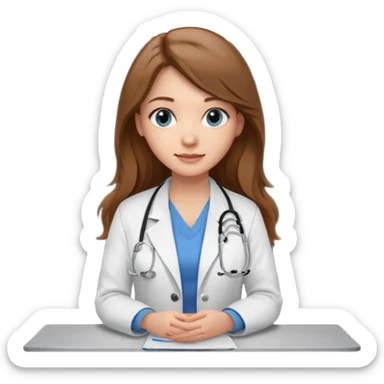 university classroom that says nursing school on the blackboard with a pretty female nursing student with long brown hair, blue eyes sticker