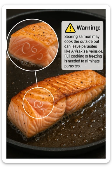 a close-up of a salmon fillet being lightly seared in a hot pan, with the outer layer cooked but the inside still raw. An inset magnifies the interior, showing visible Anisakis parasites surviving in the uncooked portion. A warning icon and educational text explain that searing alone may not eliminate all parasites. sticker