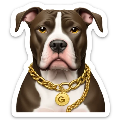 A dog pitbull and wearing big gold chain on that says G sticker
