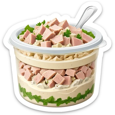 Creamy flakey tuna salad in a deli tub sticker
