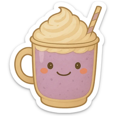 Change the pink mocha with whipped cream and a smiling face to lavender, keep it cute and inviting in Ghibli style, with no background. sticker