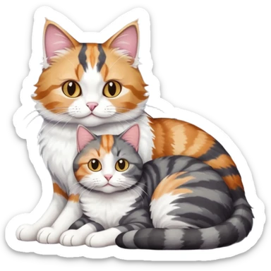 full body colourful light patched calico + white tabby cat cuddling a large dark grey and white tabby cat  sticker