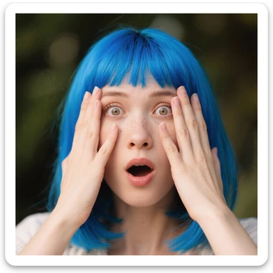 Woman with blue hair with hands over her eyes in disbelief  sticker