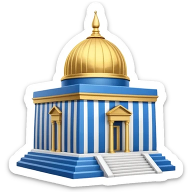 epstein island cubic temple with blue horizontal stipes on the side and a goldon dome on top sticker