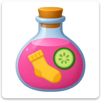Create a pink potion in the same bottle shape as the reference image, with both a cucumber slice and a sock inside, in emoji style. sticker