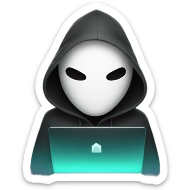 hooded masked man with a laptop and bright glowing white eyes sticker