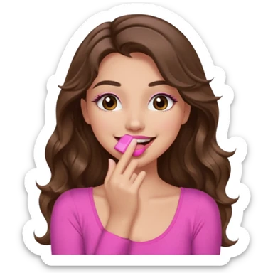 girl with long wavy brown hair, brown eyes, long lashes makeup, pink lips, light to medium complexion, pink sexy top, smiling, hand covering mouth, giggling sticker