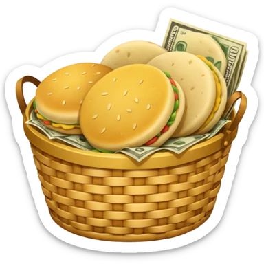 baskets, some overflowing with money, others with colombian arepas sticker