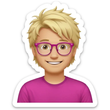 A blond guy with messy hair is smiling. He wear glasses and a fushia T-shirt sticker