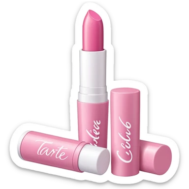 The image is of a pink lipstick from the brand Tarte. The lipstick is in a cylindrical tube with a white cap. The tube is made of plastic and has the brand name "Tarte" written in white cursive letters on the front. The cap is also pink and appears to be slightly open. The background is plain white. sticker