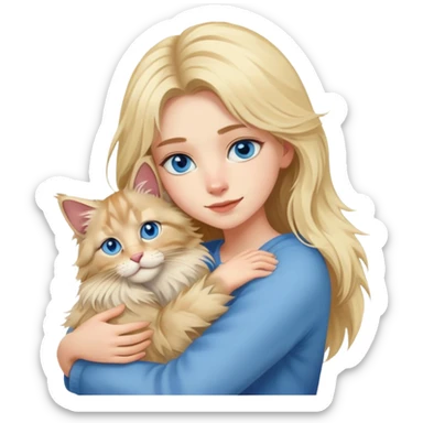 blonde girl blue eyes hugging a Maine Coon sticker