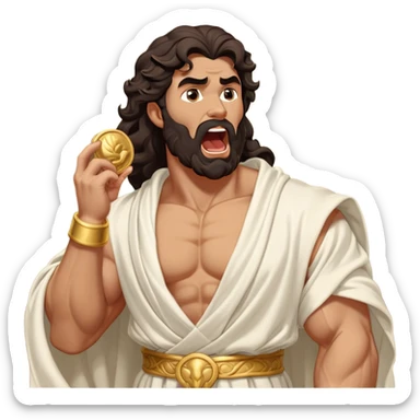 Cinematic Realistic Hercules Portrait, head tilted slightly with a dramatic, wide-open yawn, revealing a moment of relaxed, unguarded strength. His bronze, sculptural skin and thick, wavy dark hair retain their classical beauty even in repose. Draped in a gracefully flowing white robe with subtle golden details, the portrait is bathed in soft natural lighting, capturing a tender glimpse of vulnerability from a timeless Greek hero. sticker