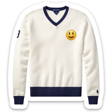 Ralph Lauren v-neck white sweater with small polo logo, emoji style sticker