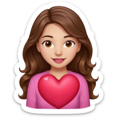girl with long wavy brown hair, brown eyes, light to medium complexion, in a pink shirt, pink lips, long lashes, smiling, squeezing a big heart sticker