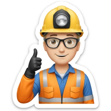 Un electricista en el poste de luz con todos sus implementos de seguridad haciendo like sticker