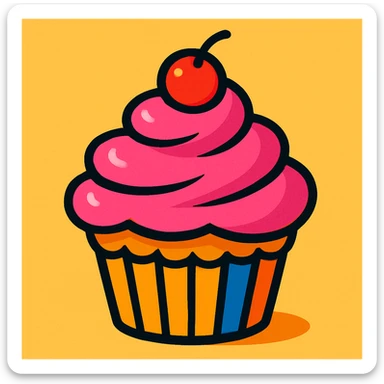 A vibrant toon illustration of a cupcake with pink icing sticker