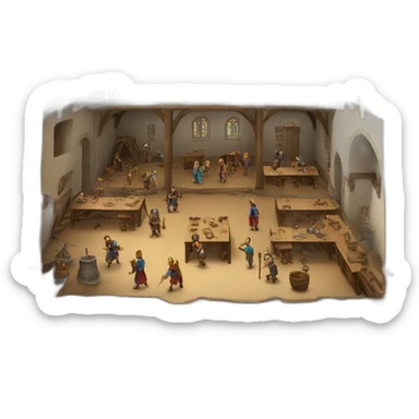 open floor plan of a medieval mint showing different people working sticker