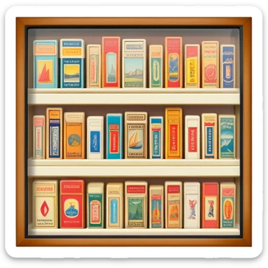 Icon for Matchbox Collecting: a collection of vintage and colorful matchboxes from different places, neatly displayed in a row or in a display case. The icon should reflect the uniqueness and diversity of matchbox collecting. Transparent background. sticker