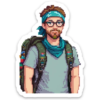 adventurer with goatee beard (no beard on cheeks), short hair, glasses, bandana on head and backpack sticker