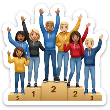 multi-racial group on a winners podium, center step higher, no numbers, all in jeans and hoodies, excited fun expressive emoji style sticker