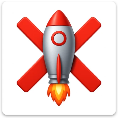 Make the X cross go from side to side, extending outside the rocket, in emoji style. The style should resemble apple style emojis with clear and concise design, focusing on the X cross extending beyond the rocket's sides. sticker