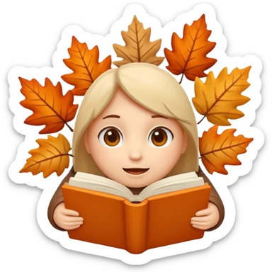 A cute 3D emoji autumn leaves around it, cozy fall colors (orange, brown, beige), playful and modern style, glossy finish, minimalistic but expressive, symbolizing a Fall Reading Challenge. sticker