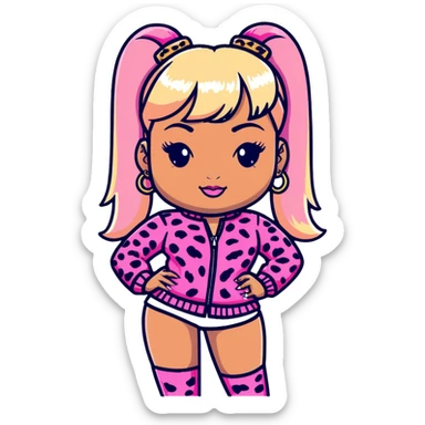 Nicki Minaj wearing pink and white leopard print outfit with half blonde half pink hairstyle with bangs sticker