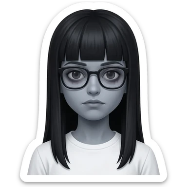 Zombie girl Memoji style, long straight black hair with bangs, grey skin, dark circles under eyes, wearing black glasses, simple white shirt, 3D render." sticker