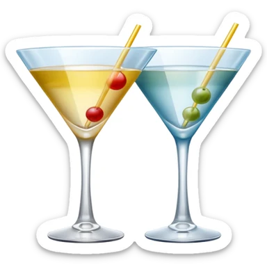 two realistic glasses of cocktail in emoji style,  martini glass shape, no straw, no fruit, no ice, no Cocktail sticks sticker
