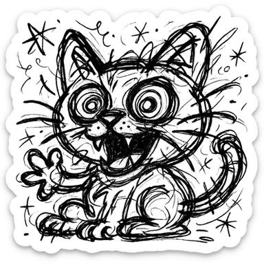 chaotic outlined icon of a cat with exaggerated, wild features sticker