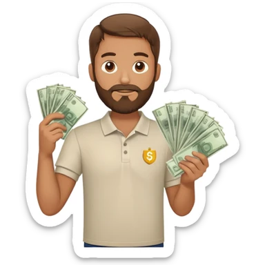 bearded brown-haired man in a polo shirt holding bundles of bills sticker
