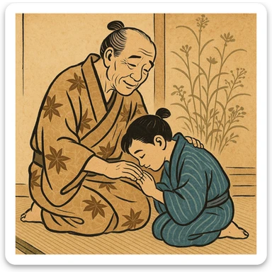 ukiyo-e style illustration of a respectful child and parent, traditional filial scene sticker