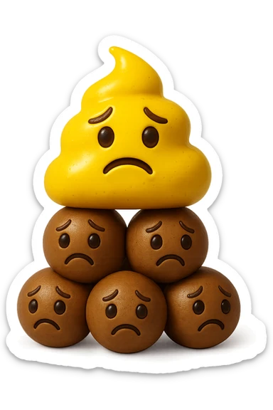 emoji stile iphone di una cacca giallina e liquida con espressione triste, sopra una montagnetta di feci a palline con espressione triste, iperrealistico 4k sticker
