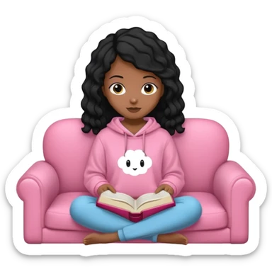 Una chica linda de cabello negro con ondas hasta los hombros de piel blanca con una sudadera rosa en un sofá cómodo y hermoso leyendo la biblia sticker