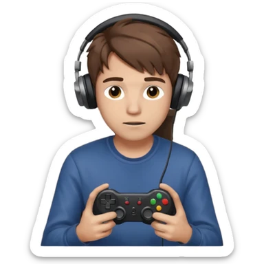 male memoji, man with messy hair, headphones, holding game controller, focused expression, sitting casual sticker