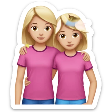 Two Girls with their arms around each other at summer camp one blonde one brown hair wearing pink shirt sticker