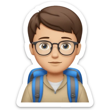 a boy with short brown hair and blue eyes, glasses, backpack sticker
