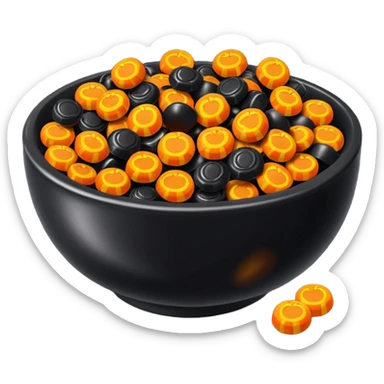 Black bowl filled with orange and black small halloween candies sticker