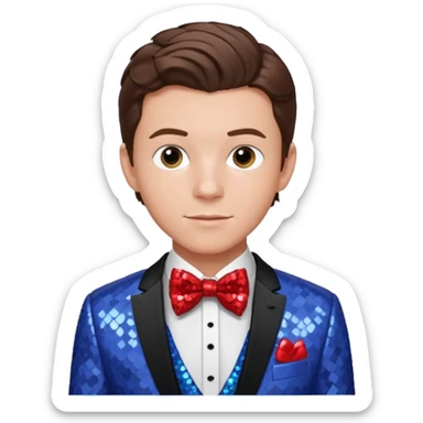 Tom Holland with brown hair, red shirt, periwinkle sequin suit jacket with bow tie sticker