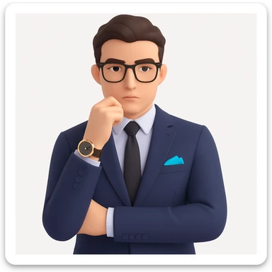 Add stylish glasses to the thoughtful businessman, keeping the luxury watch visible and the expression contemplative and curious, with a clean background. Maintain a clean background and focus on the glasses and expression enhancement. sticker