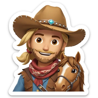 clash-of-clans-aesthetic_-cinematic-playful-cowboy-portrait-emoji, head-tilted with a roguish, cheeky grin and twinkling eyes, featuring a rugged, spirited build with a wide-brimmed cowboy hat and a weathered bandana on tan skin, riding a powerful galloping horse with dynamic flowing mane, reins gripped firmly in one hand and a lasso in the other, as dust swirls behind them in a vast desert landscape. sticker